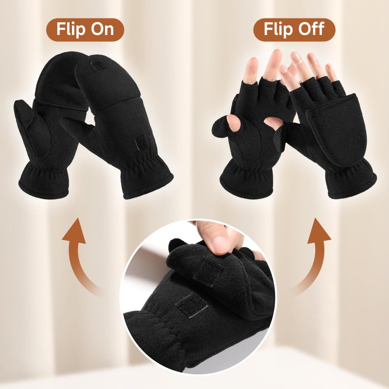 BESSTEVEN Winter Fingerless Gloves Convertible Mittens with Flip Top Thermal Fleece for Running Walking Photographing Painting Typing - Black Small - Image 2